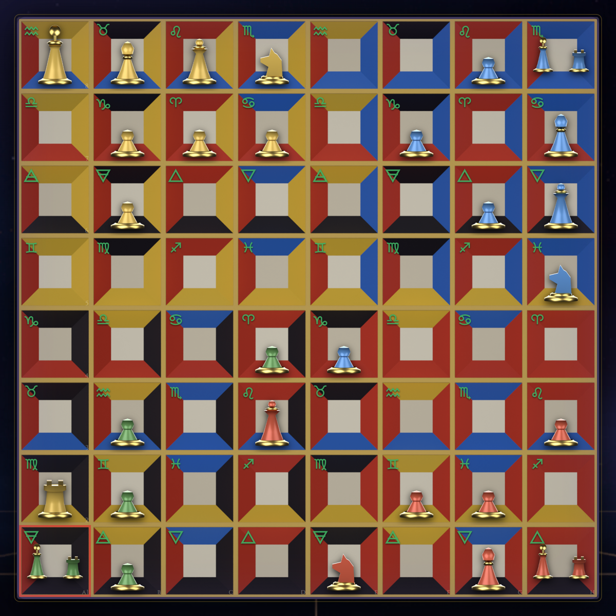 An Enochian chess board of pyramid squares in the four elemental colors, with the four armies in place: green Earth, gold Air, blue Water, and red Fire.