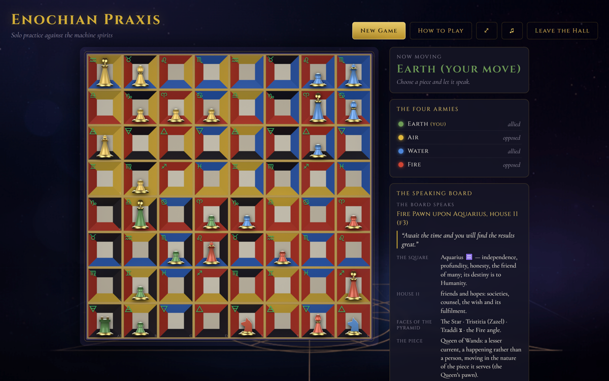 An Enochian chess game underway on the Water board, its blue and gold pyramid squares filled with the four elemental armies, the Speaking Board panel reading the latest move.