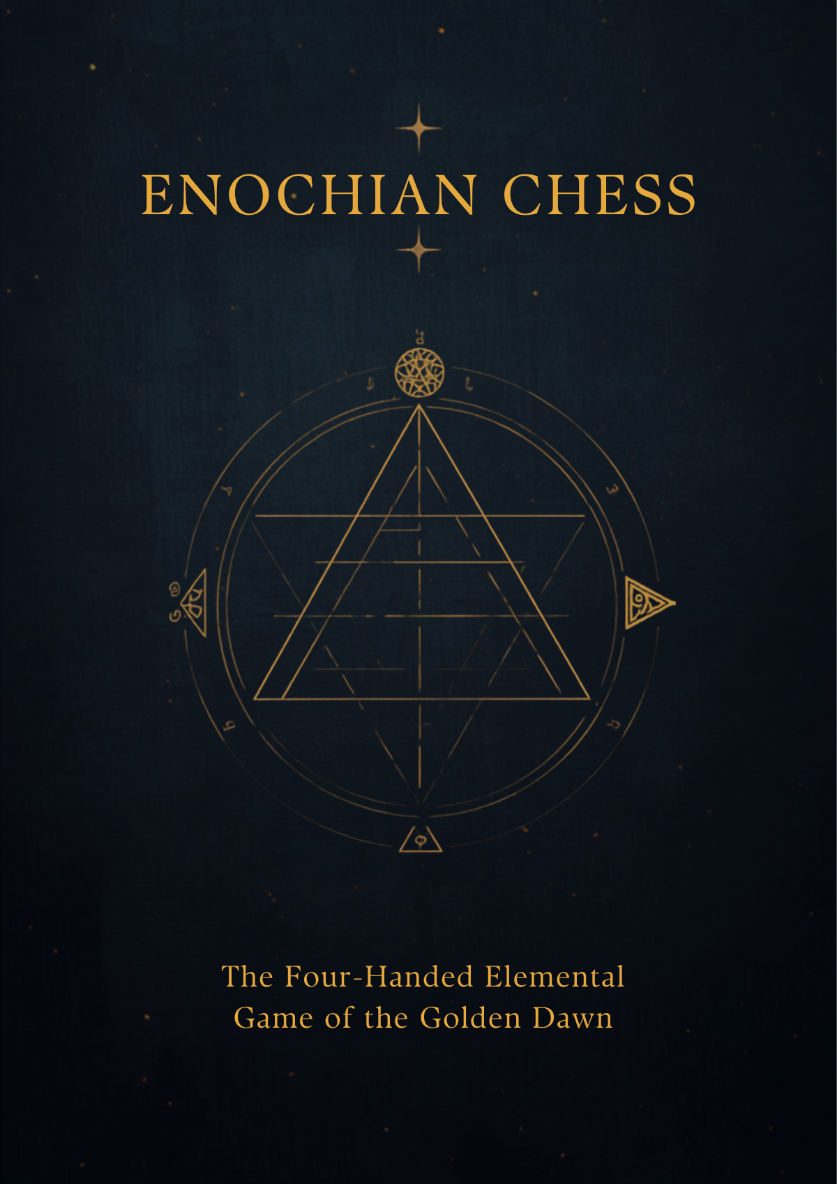 An Enochian chess board with four elemental armies, kings doubled on their corner thrones.
