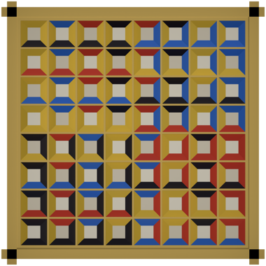 The Enochian Air board, dominated by gold and yellow pyramid squares carrying zodiac and elemental sigils.