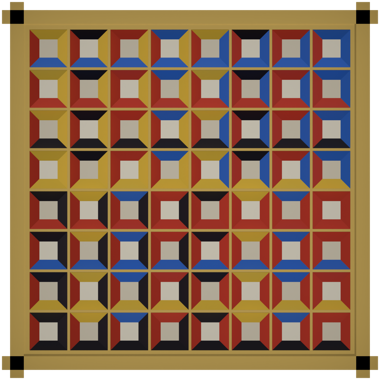 The Enochian Fire board, dominated by warm red pyramid squares carrying zodiac and elemental sigils.