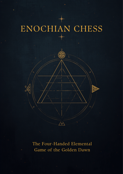 A gold emblem of Enochian chess: an alchemical pyramid within a circle ringed by the four elemental sigils, on a dark starfield.