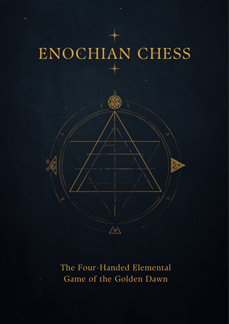 An engraved emblem for Enochian chess: a gold alchemical mandala of a pyramid within a circle, ringed by the four elemental triangle sigils, on a dark starfield, with the title Enochian Chess and the words the four-handed elemental game of the Golden Dawn.